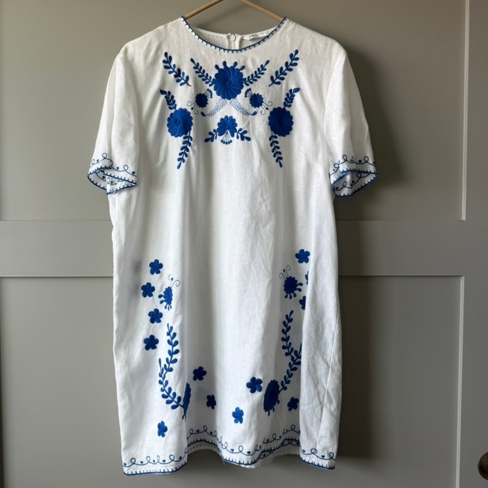 Zara Linen Embroidered Dress Womens XL White Blue Floral Shift Boho Cottagecore